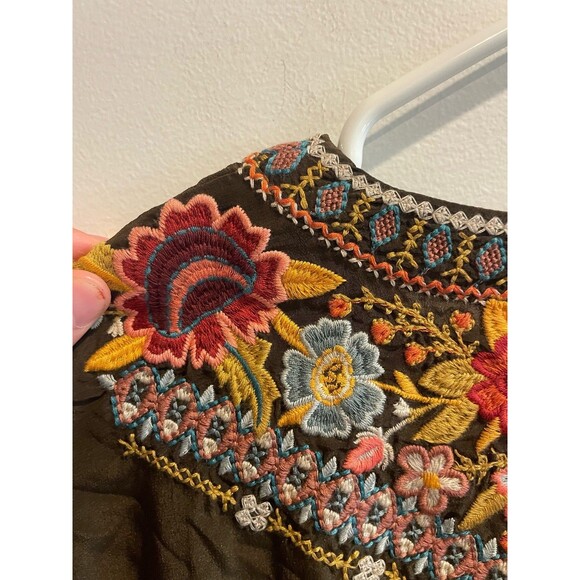 Johnny Was Embroidery Tunic Top Dress M Boho Olive Green Bell Sleeve Floral Silk - Picture 4 of 13